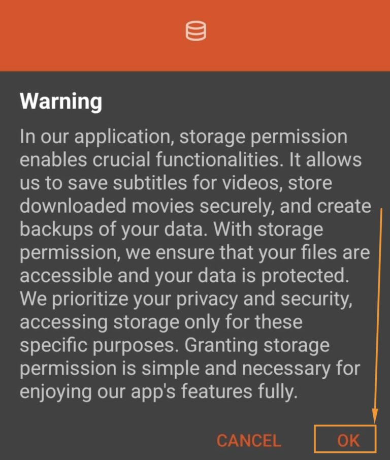 popup about storage with an orange header